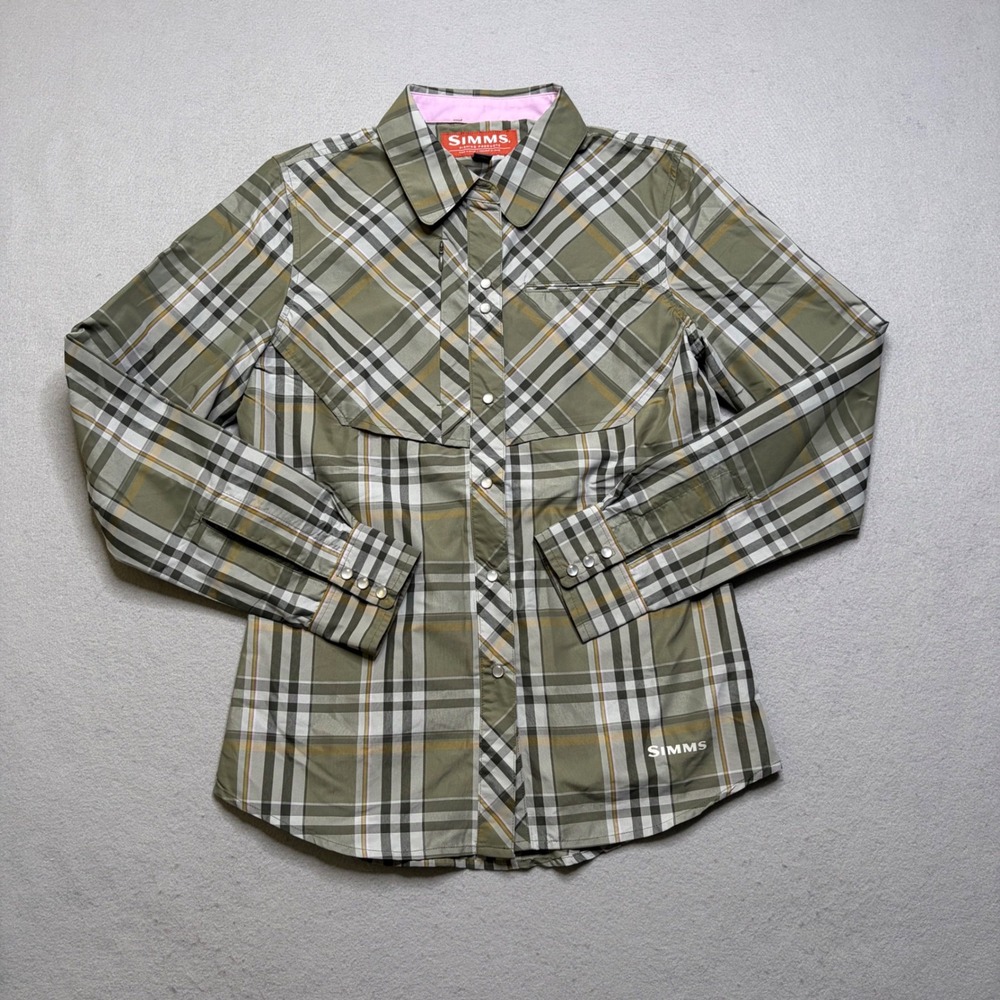Simms Fishing Shirt Womens S Green‎ Plaid Snap Front Long Sleeve Ventilated Back